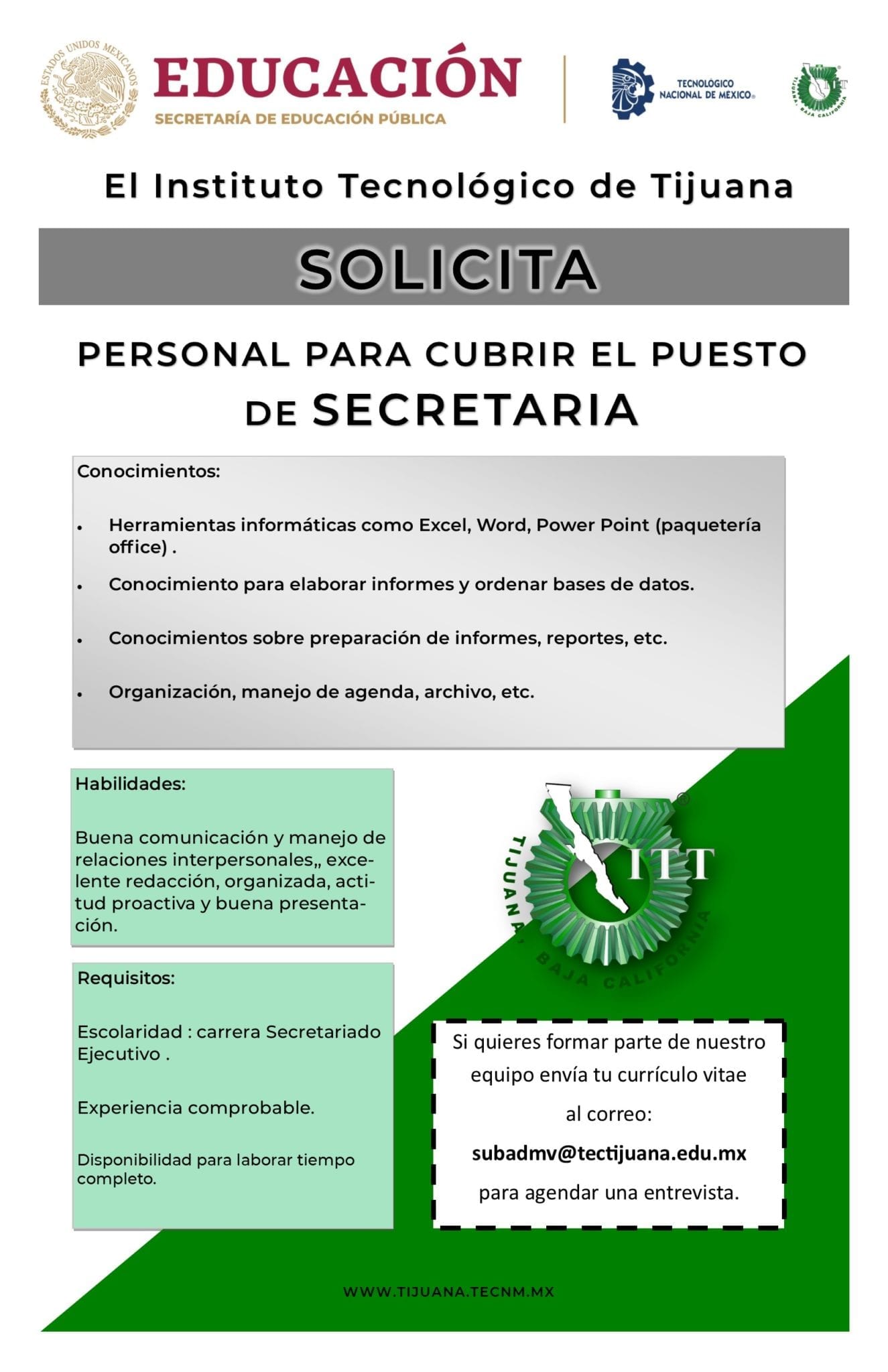 El ITT solicita personal para cubrir el puesto de secretaria