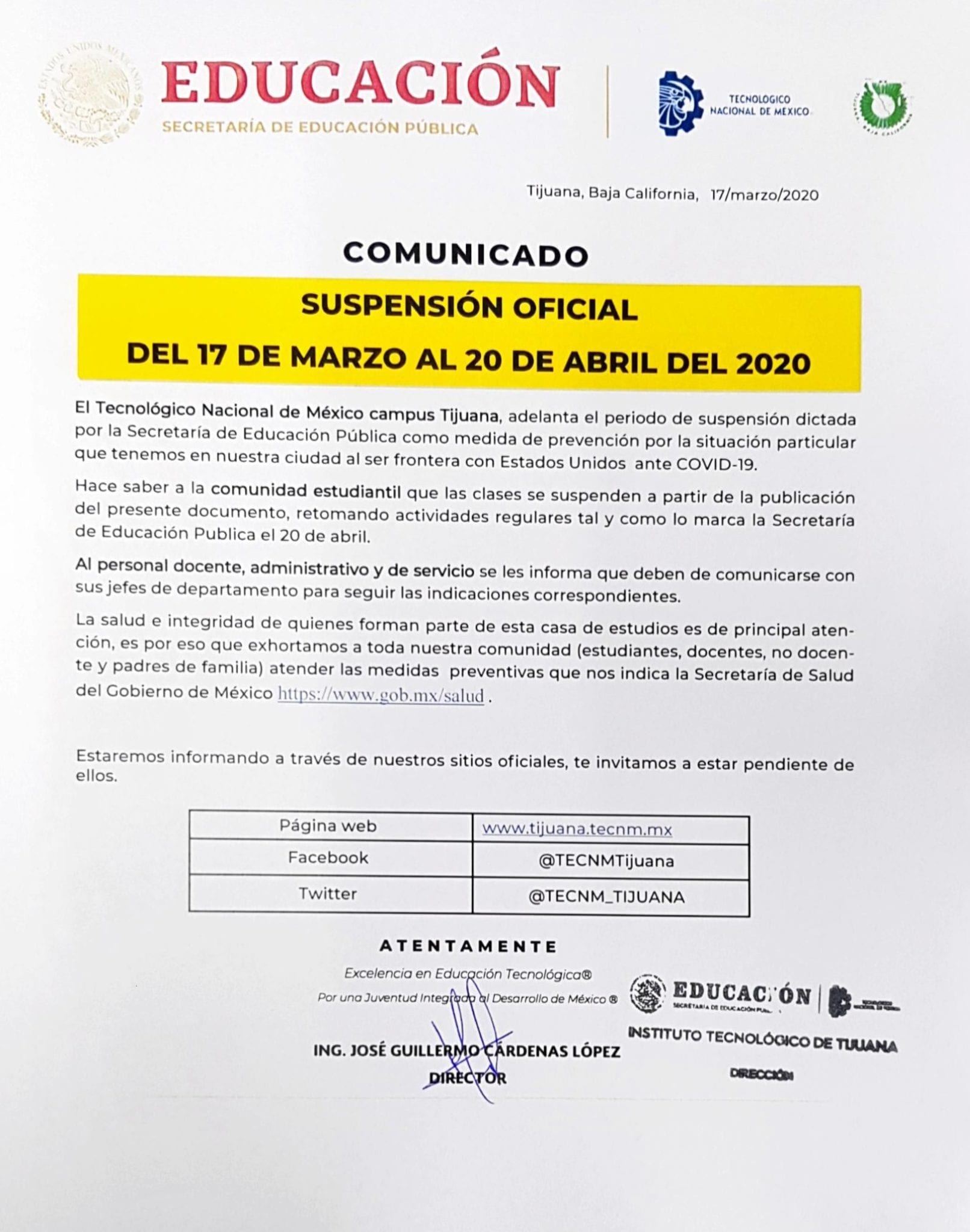 COMUNICADO   SUSPENSIÓN OFICIAL DEL 17 DE MARZO AL 20 DE ABRIL DEL 2020