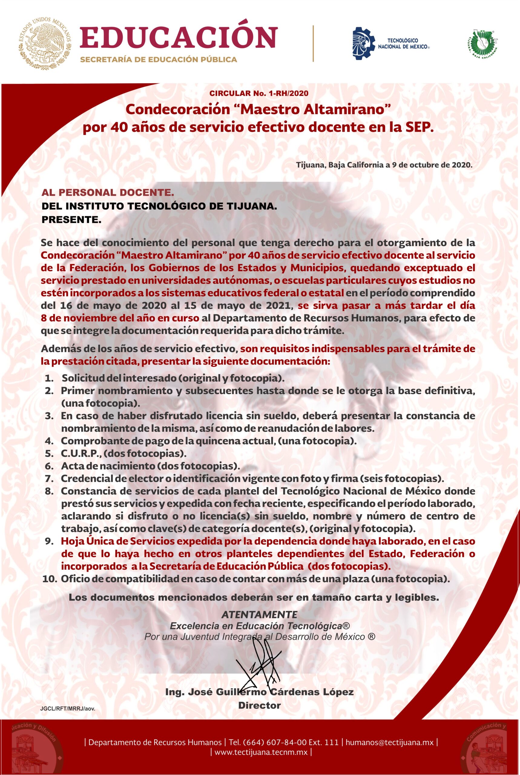 Condecoración “Maestro Altamirano” CIRCULAR No. 1-RH/2020