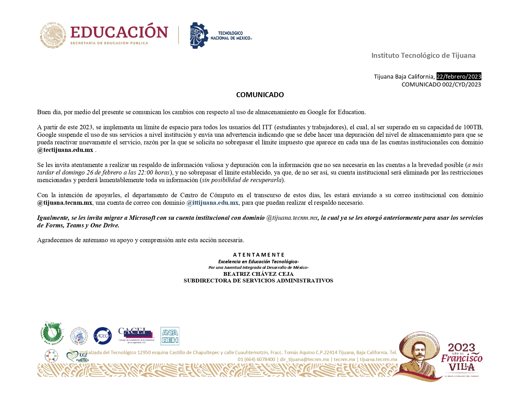 COMUNICADO SOBRE DOMINIO @tectijuana.edu.mx