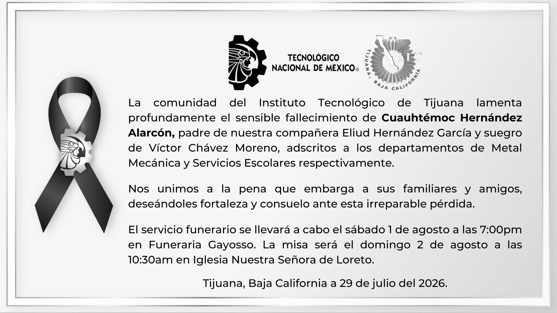 La comunidad del Instituto Tecnológico de Tijuana lamenta profundamente el sensible fallecimiento de Cuauhtémoc Hernández Alarcón
