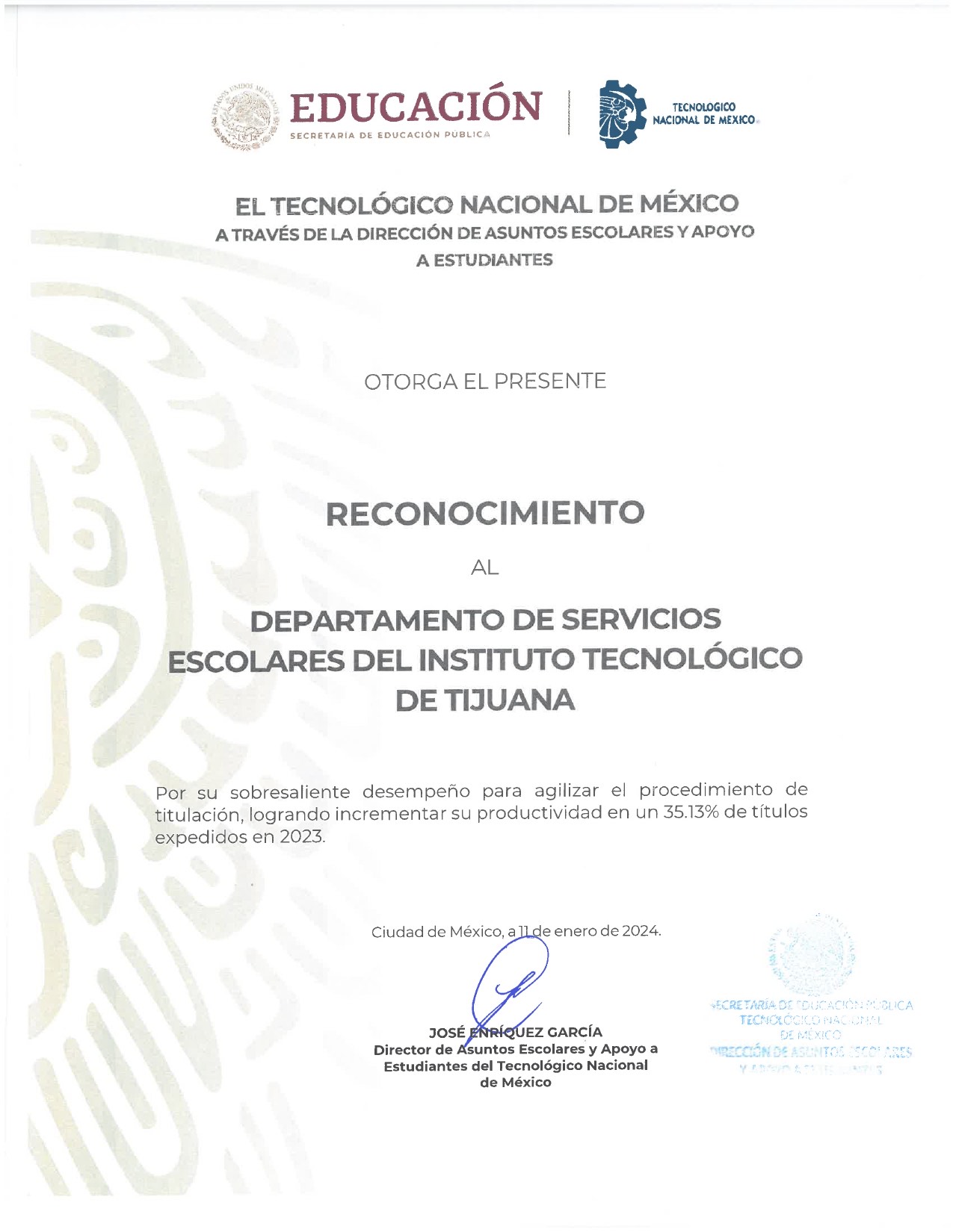 Reconocimiento al Departamento de Servicios Escolares y al personal de apoyo a titulación del ITT